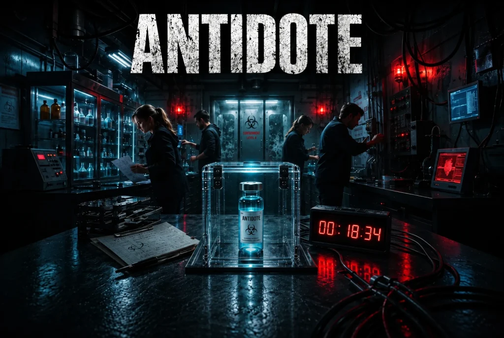 A cyan vial glows inside a glass case in the red lit laboratory of Antidote