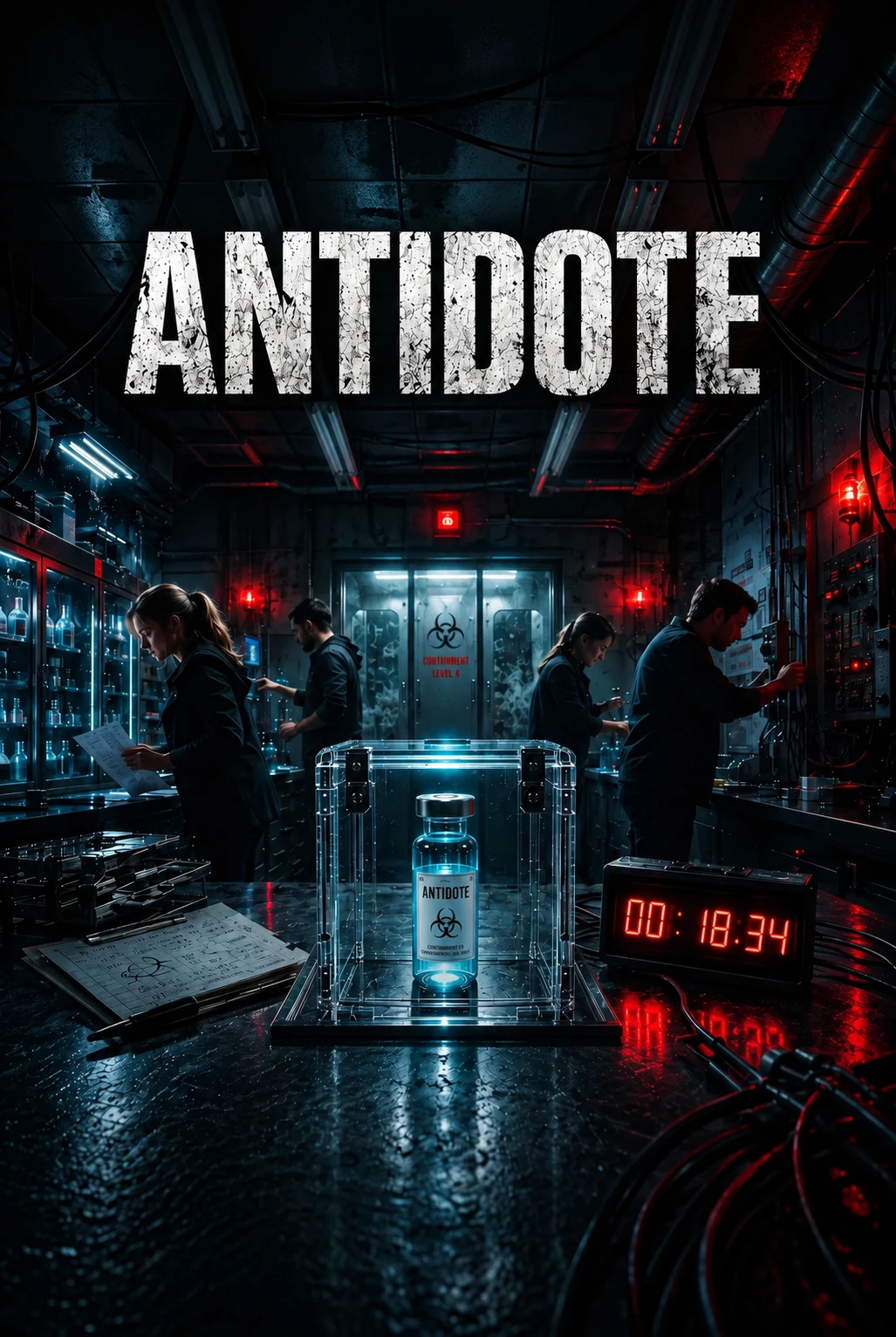 A cyan vial glows inside a glass case in the red lit laboratory of Antidote