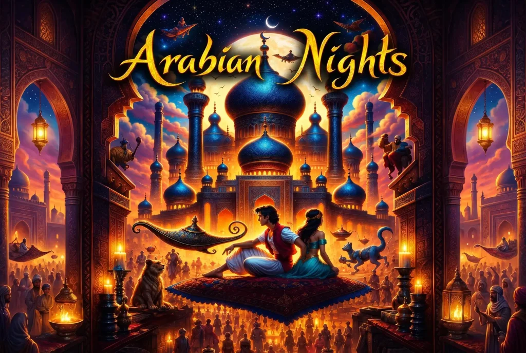 A carpet flies past the palace domes and lanterns of Arabian Nights, magenta and gold at dusk