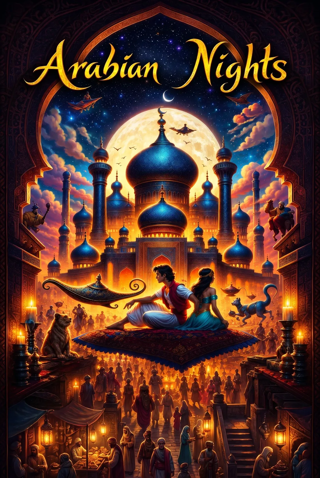 A carpet flies past the palace domes and lanterns of Arabian Nights, magenta and gold at dusk