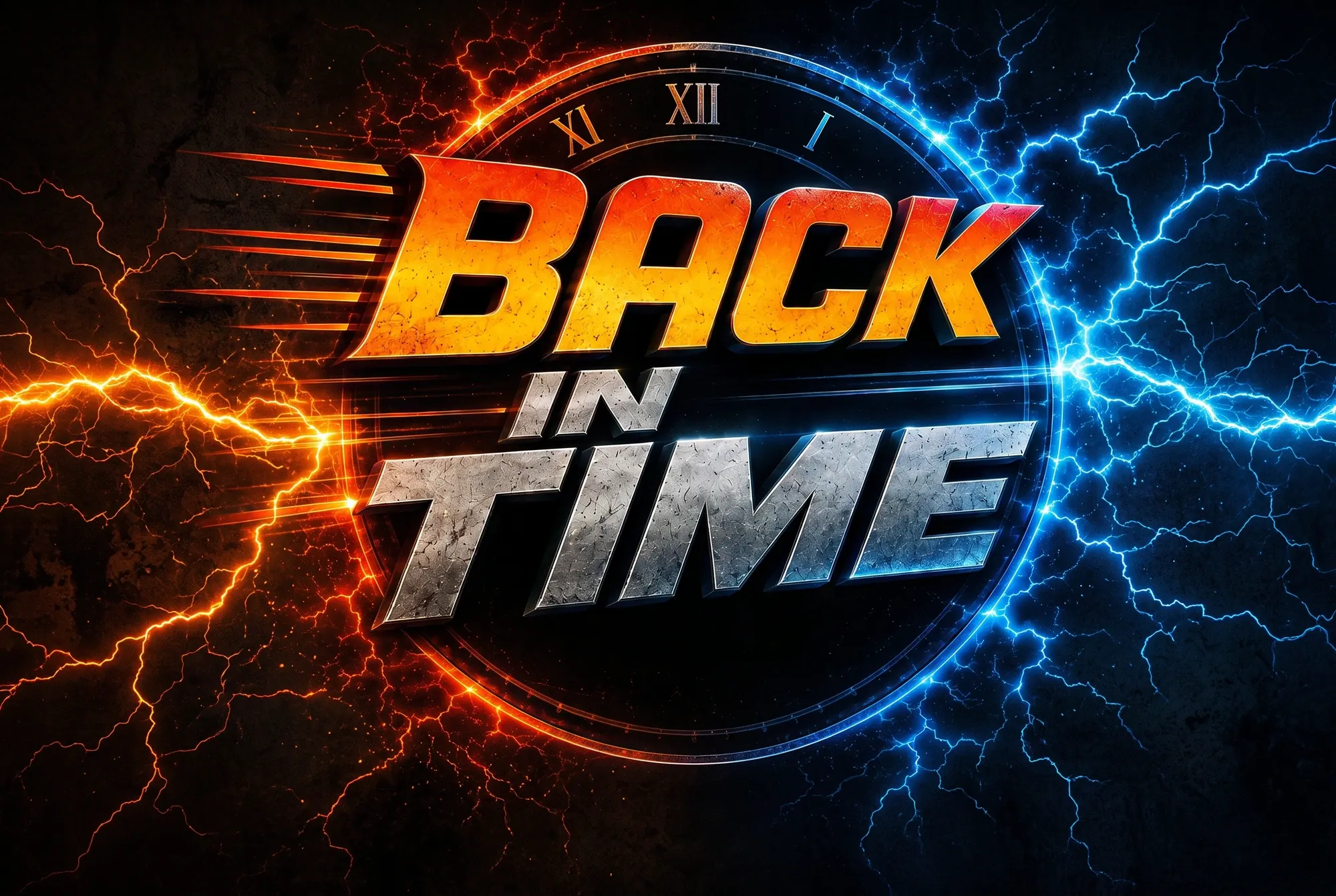 The Back In Time title in chrome and flame, a Roman numeral clock face behind it