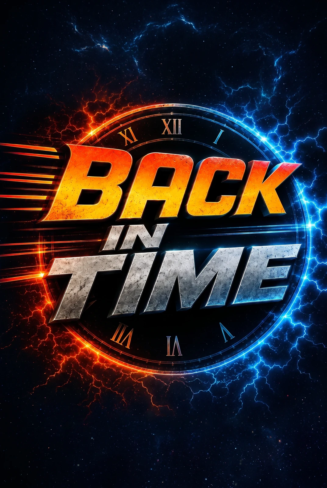 The Back In Time title in chrome and flame, a Roman numeral clock face behind it