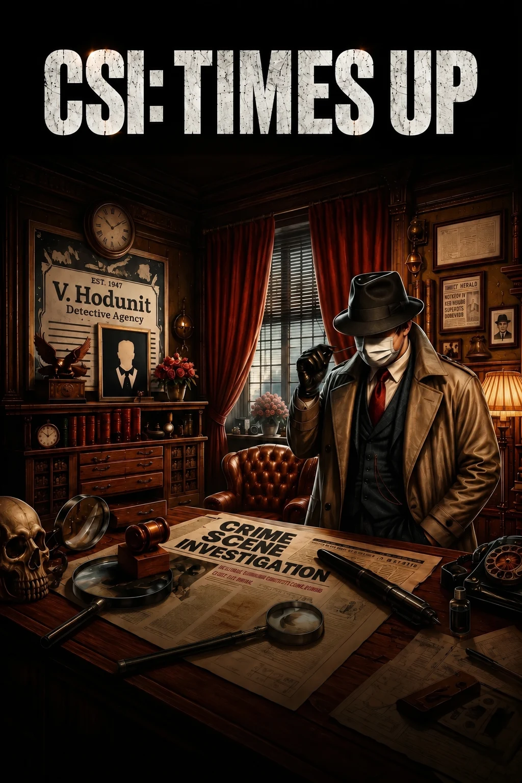 A trench coated detective leans over case papers by lamplight in the CSI: Times Up office