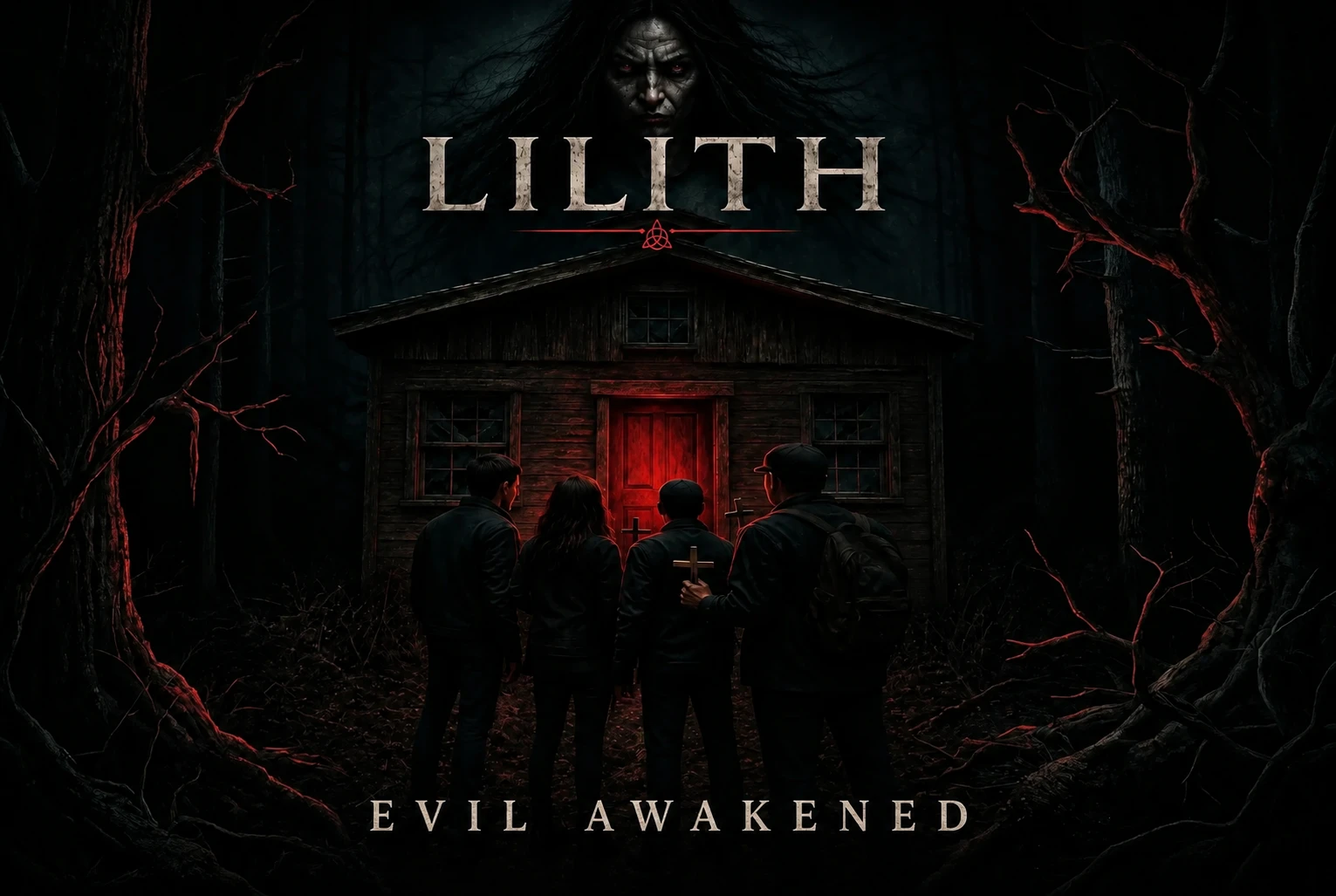 Four figures stand at the one red lit door of the black Lilith house, a huge pale face above