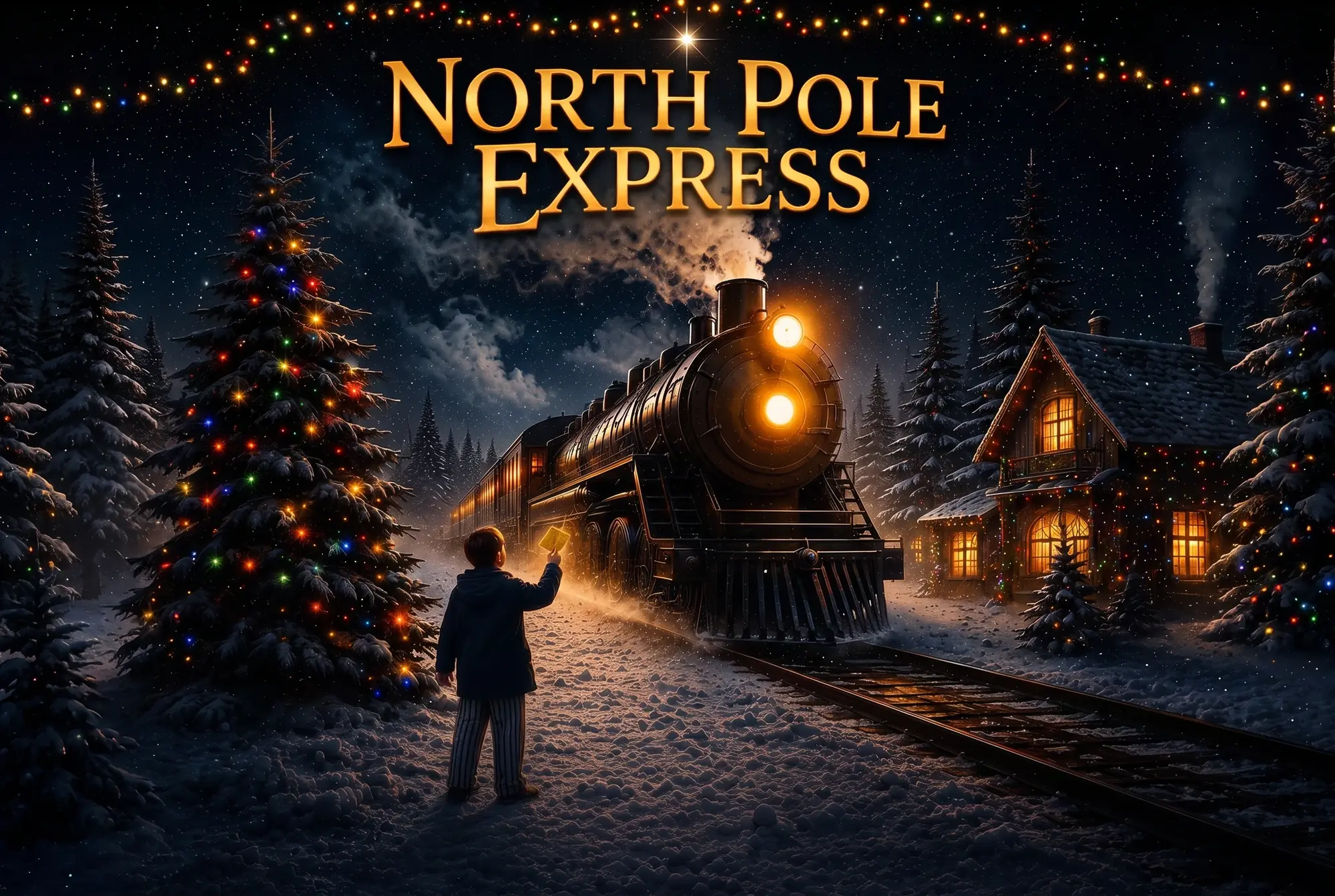 A steam locomotive in the snow at night, a lit Christmas tree beside it. North Pole Express