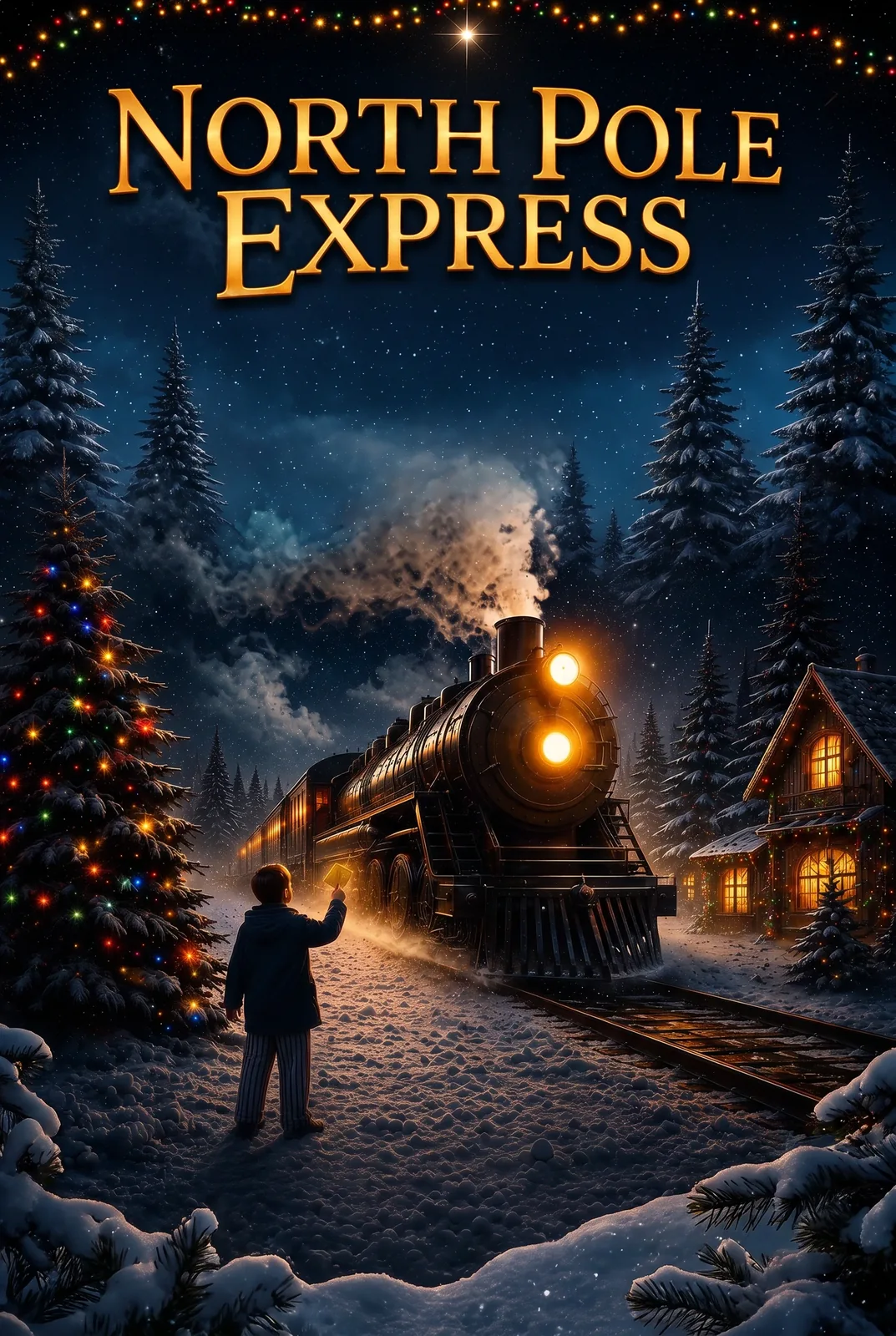 A steam locomotive in the snow at night, a lit Christmas tree beside it. North Pole Express