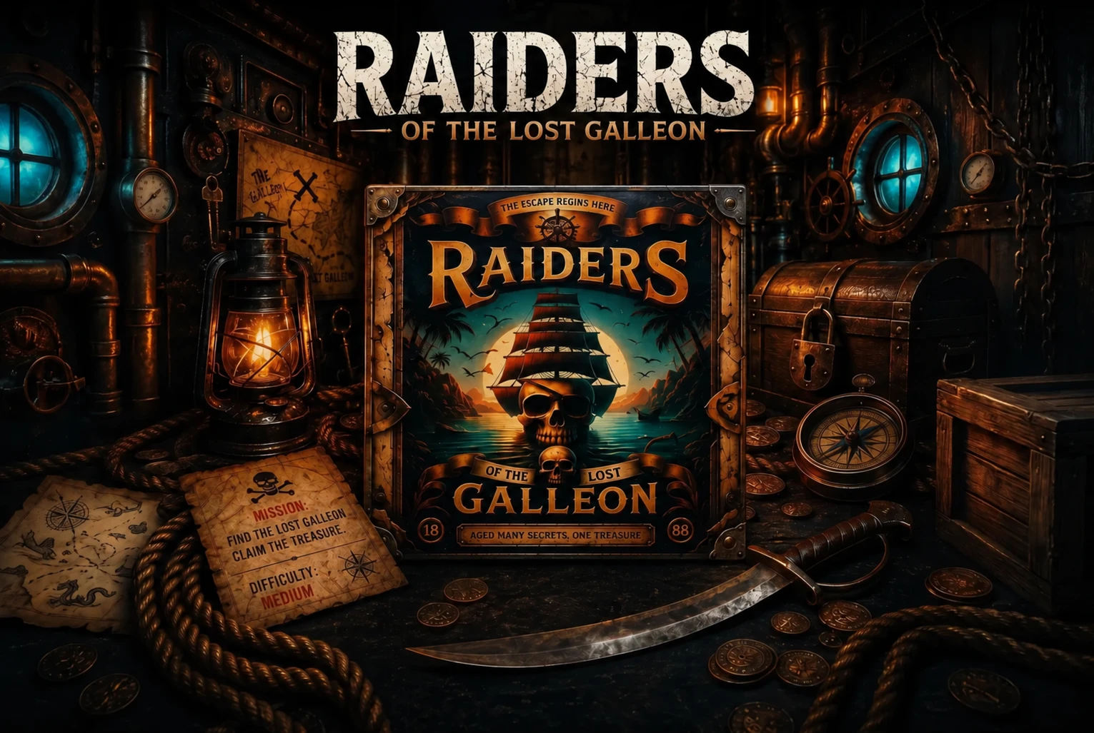 Raiders of the Lost Galleon, a ship under moonlight among old sea charts and a brass compass