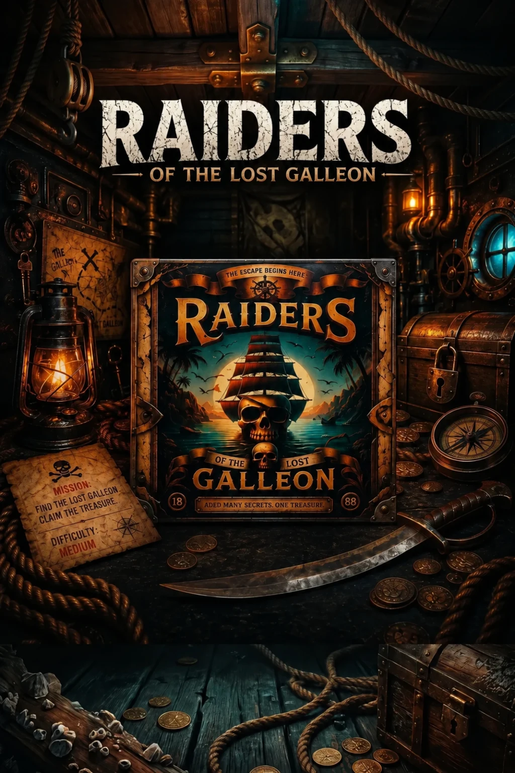 Raiders of the Lost Galleon, a ship under moonlight among old sea charts and a brass compass