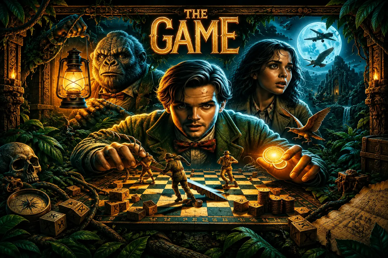 The Game's jungle board comes alive as two figures lean over it, emerald green and lantern gold