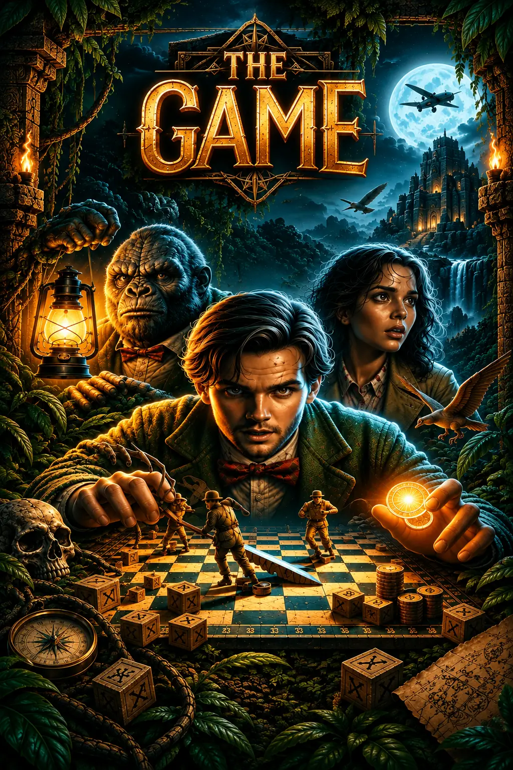 The Game's jungle board comes alive as two figures lean over it, emerald green and lantern gold