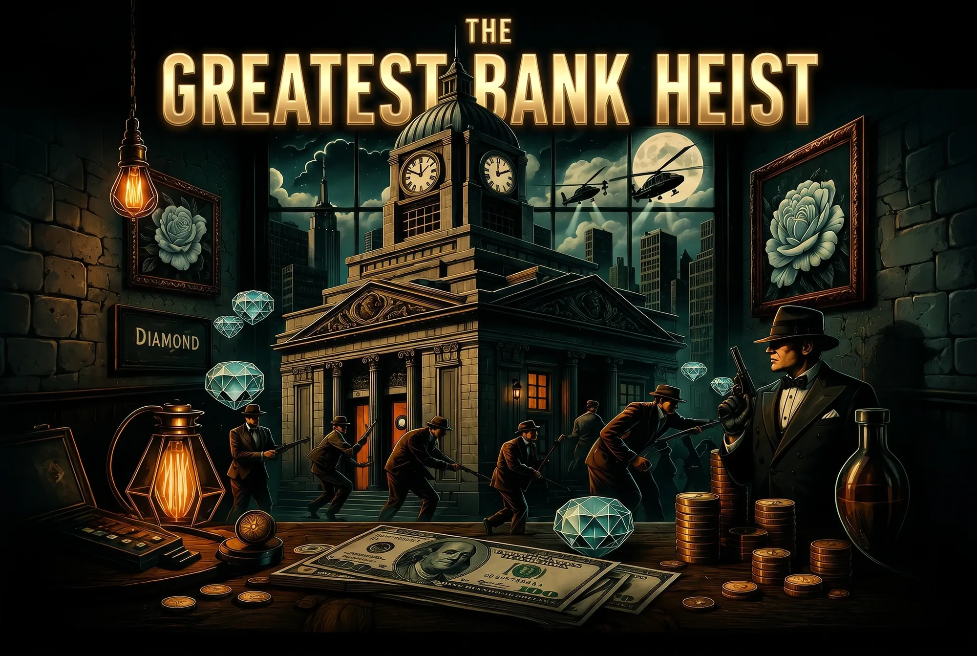 Searchlights on the stone bank of The Greatest Bank Heist, gold and diamonds piled in front