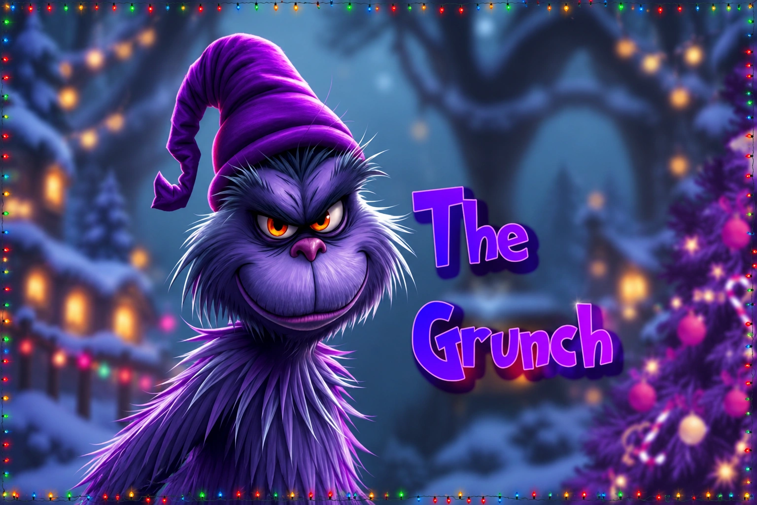 The Grunch, a purple furred creature in a Santa hat behind violet lit containment glass