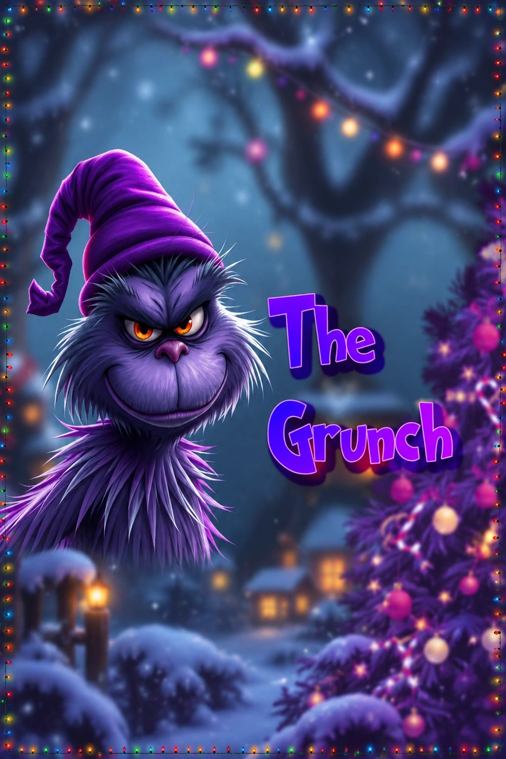 The Grunch, a purple furred creature in a Santa hat behind violet lit containment glass