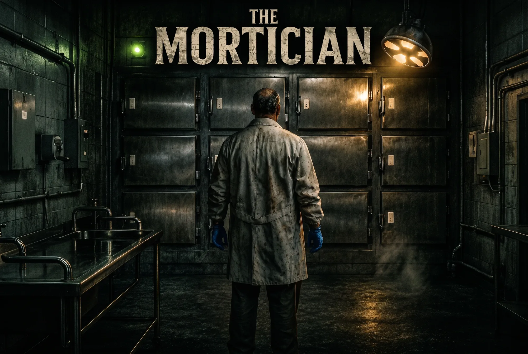 One lamp over a wall of steel morgue cabinets, a coated figure alone: The Mortician