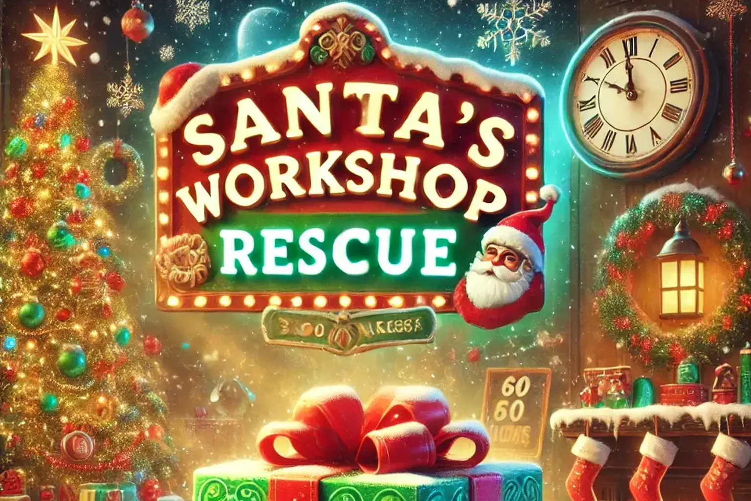 Santa's Workshop Rescue: a lit festive sign with Santa, a Christmas tree, a clock and a locked green gift box