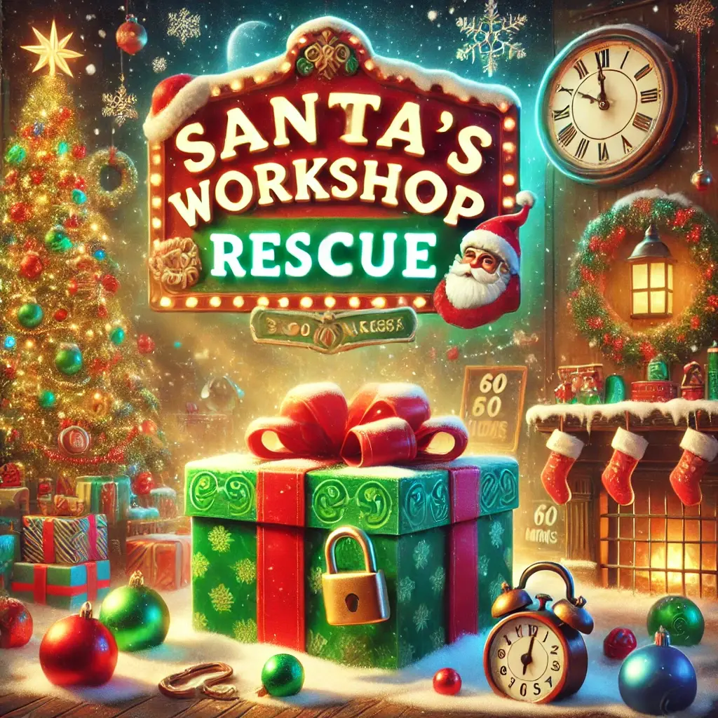 A locked green gift box with a red bow sits under the Santa's Workshop Rescue sign, beside a Christmas tree and a fireplace